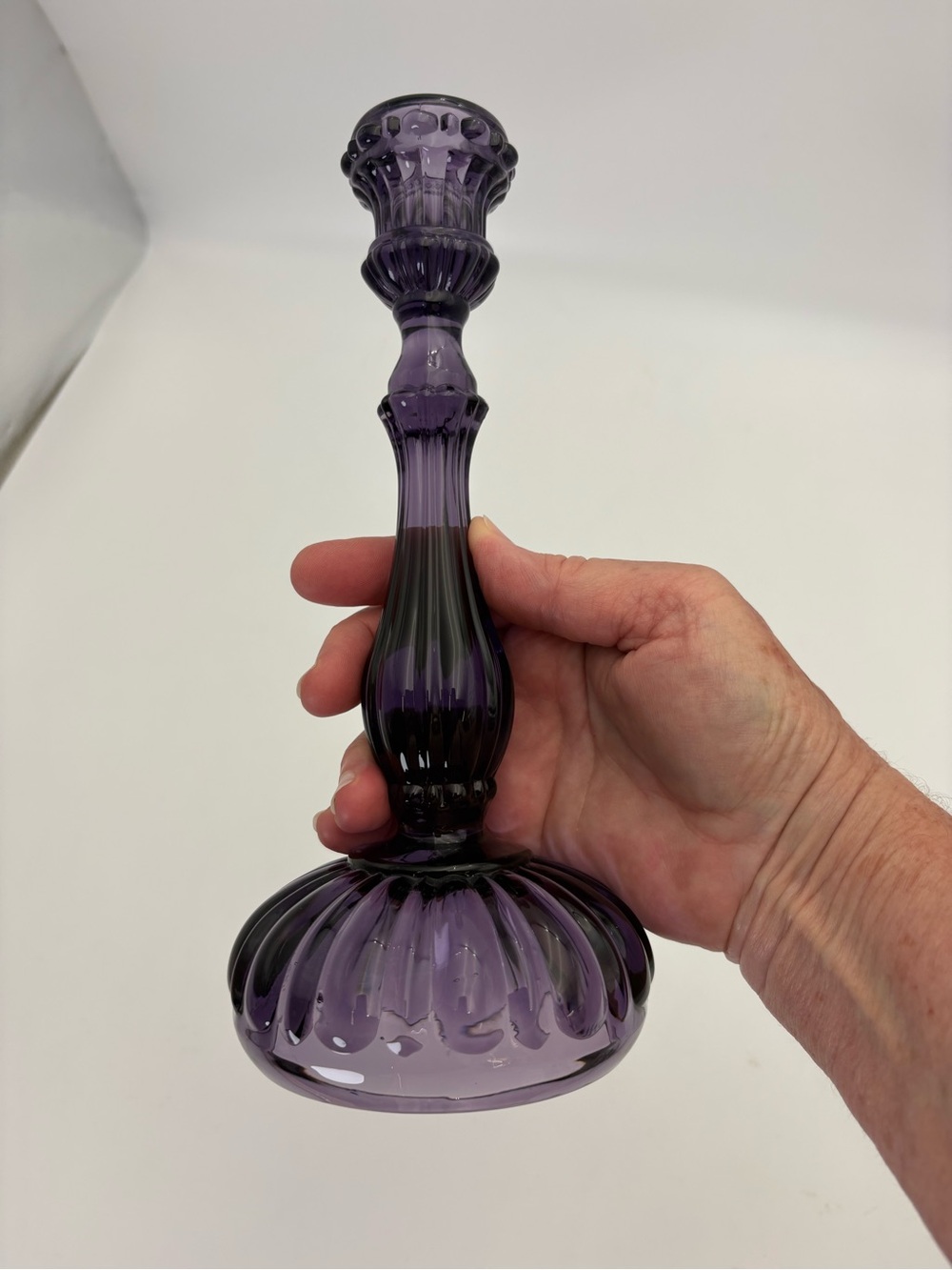 Gorgeous Amethyst Vintage-Style Ornate Glass Candlestick - 9.5” tall